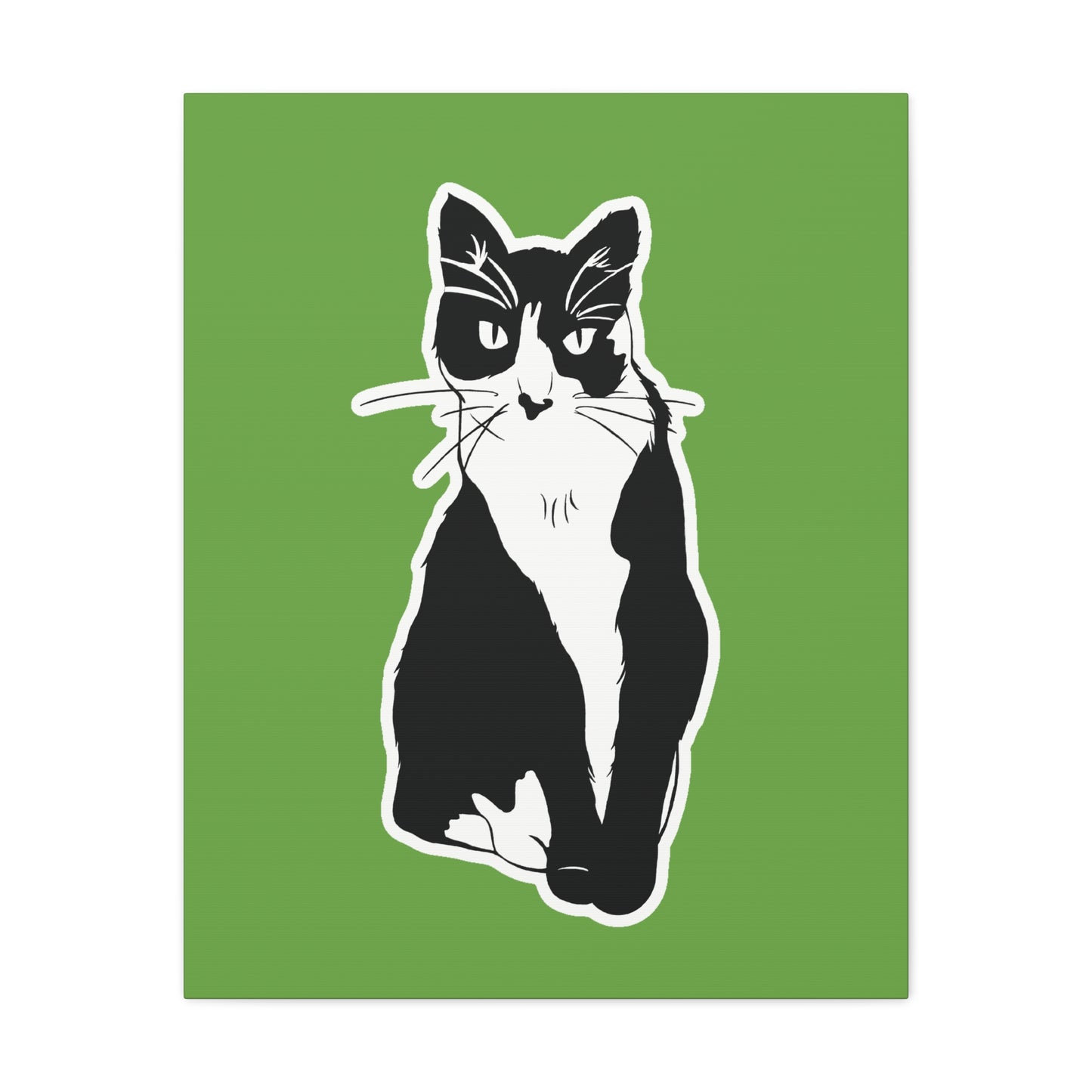 Cat Canvas Print on Green (B&W Style Cat) - Cat Drawing Art