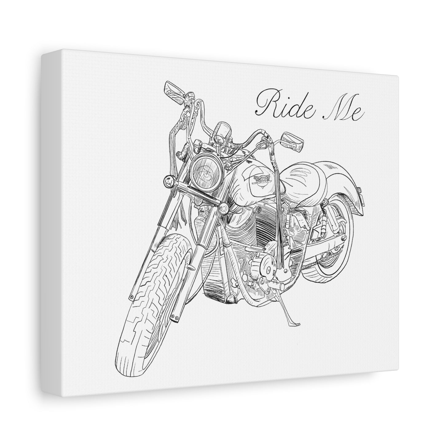 Ride Me Harley Motorcycle Sketch Canvas Print - Black Ink on White Background