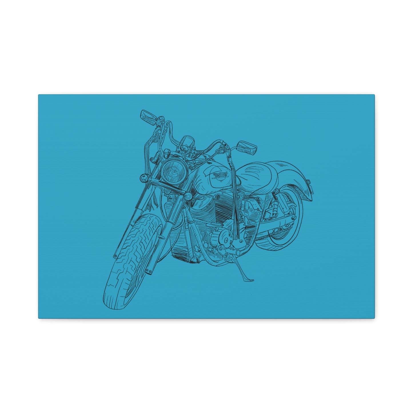 Ride Me Harley Motorcycle Sketch Canvas Print - Black Ink on Turquoise Background