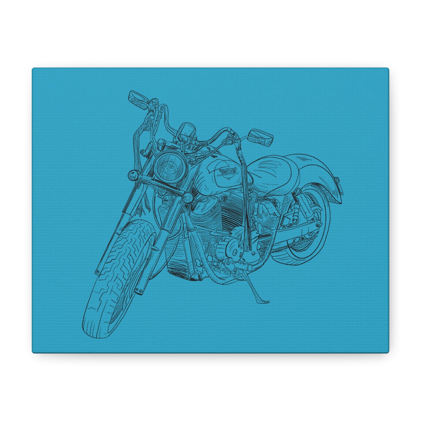 Ride Me Harley Motorcycle Sketch Canvas Print - Black Ink on Turquoise Background