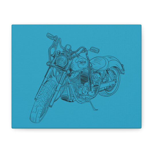 Ride Me Harley Motorcycle Sketch Canvas Print - Black Ink on Turquoise Background