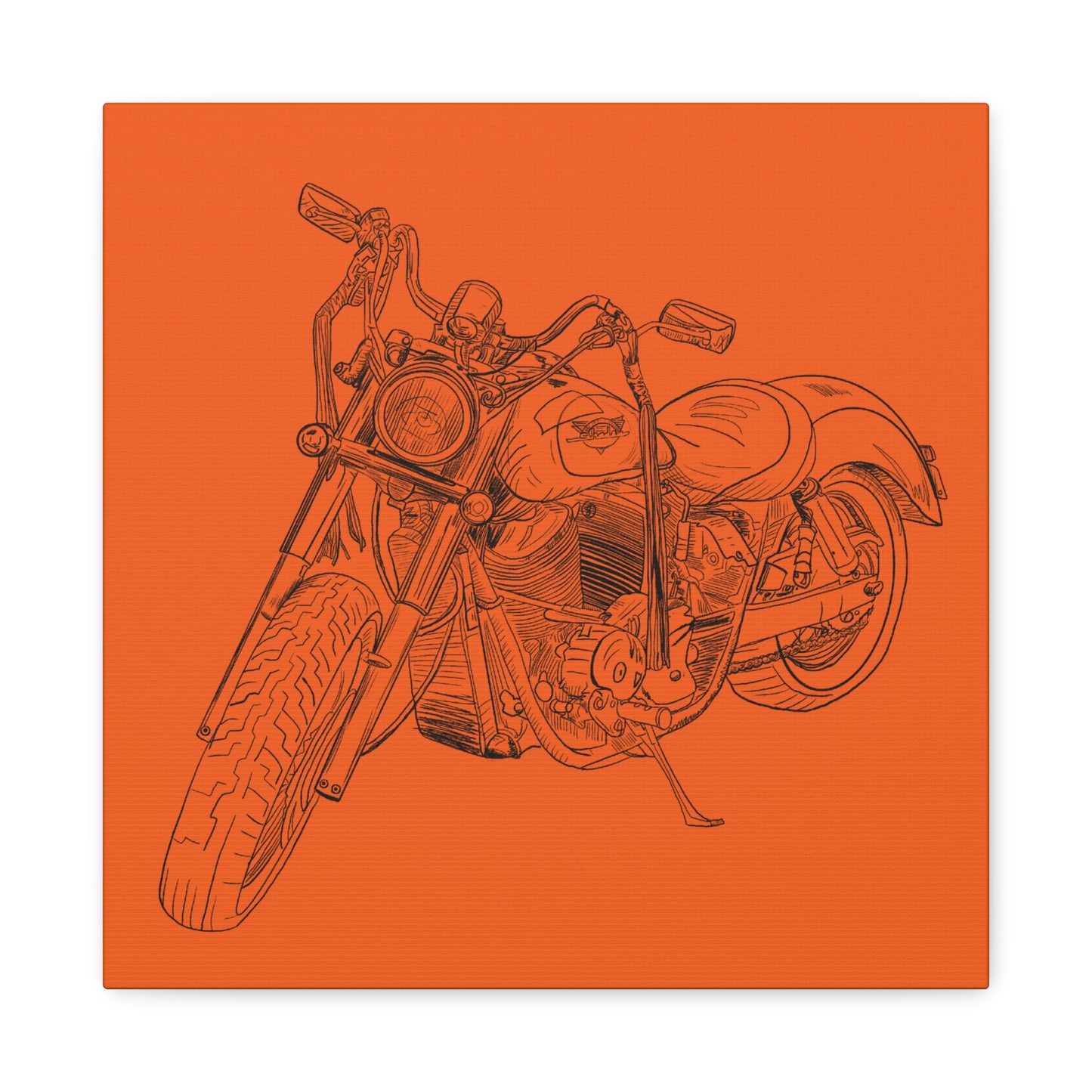 Ride Me Harley Motorcycle Sketch Canvas Print - Black Ink on Orange Background