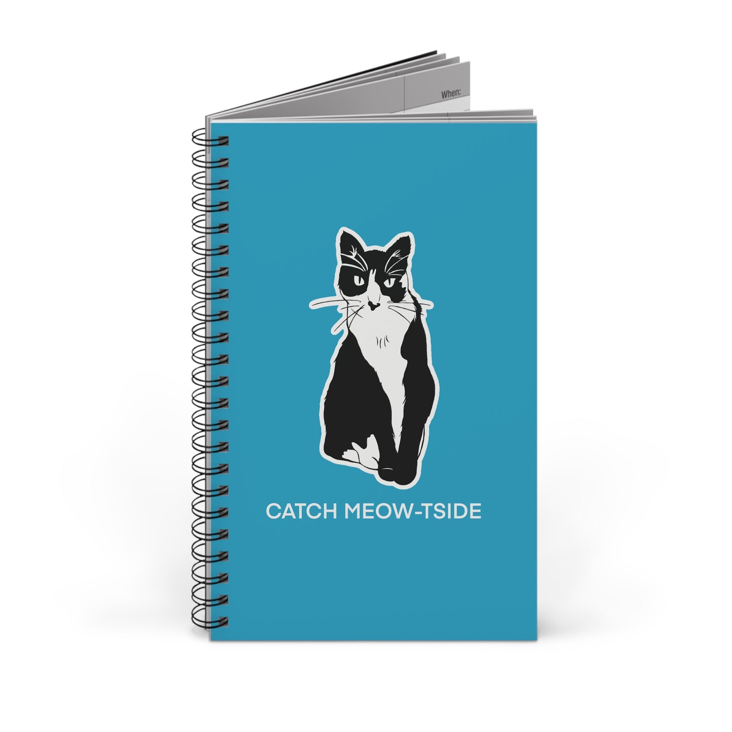 Catch Meow-tside Notebook in Turquoise (Sticker Style Cat with White Writing) - Cat Spiral Notebook