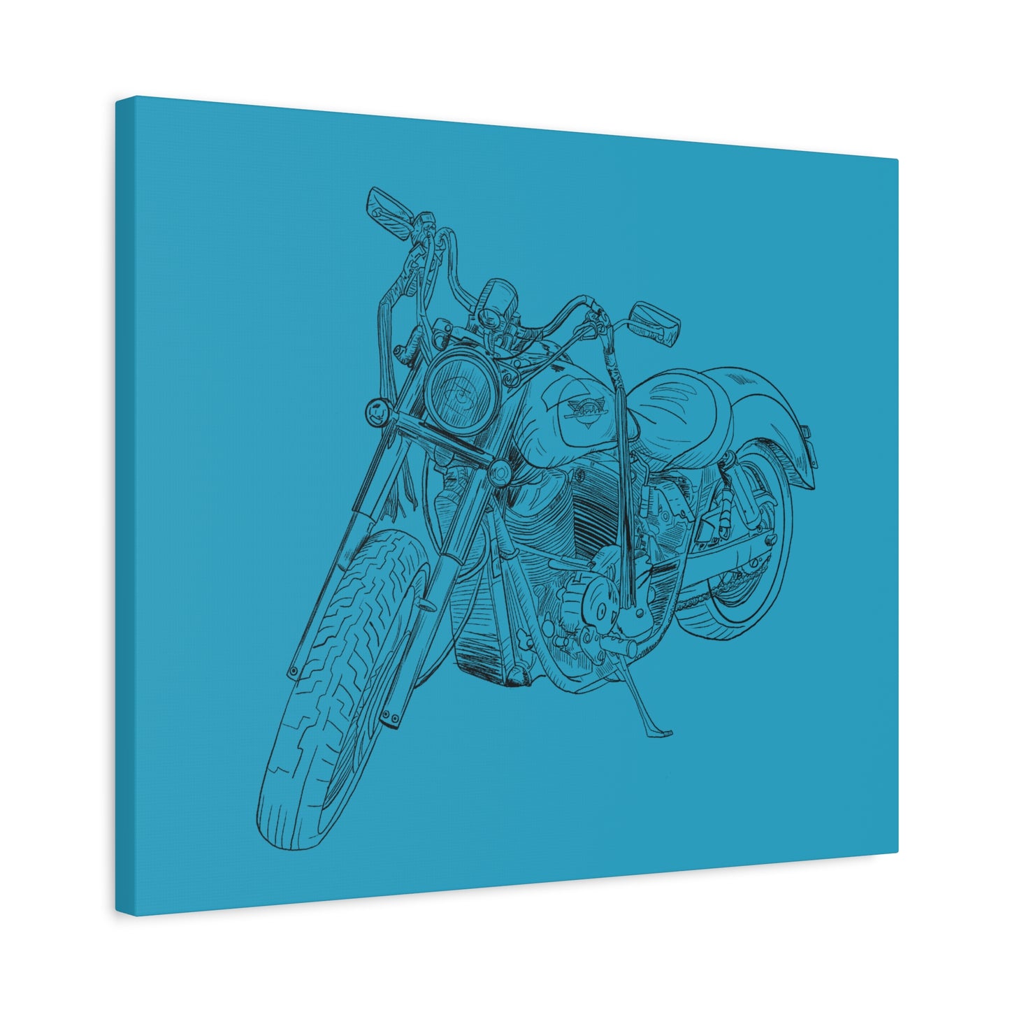 Ride Me Harley Motorcycle Sketch Canvas Print - Black Ink on Turquoise Background