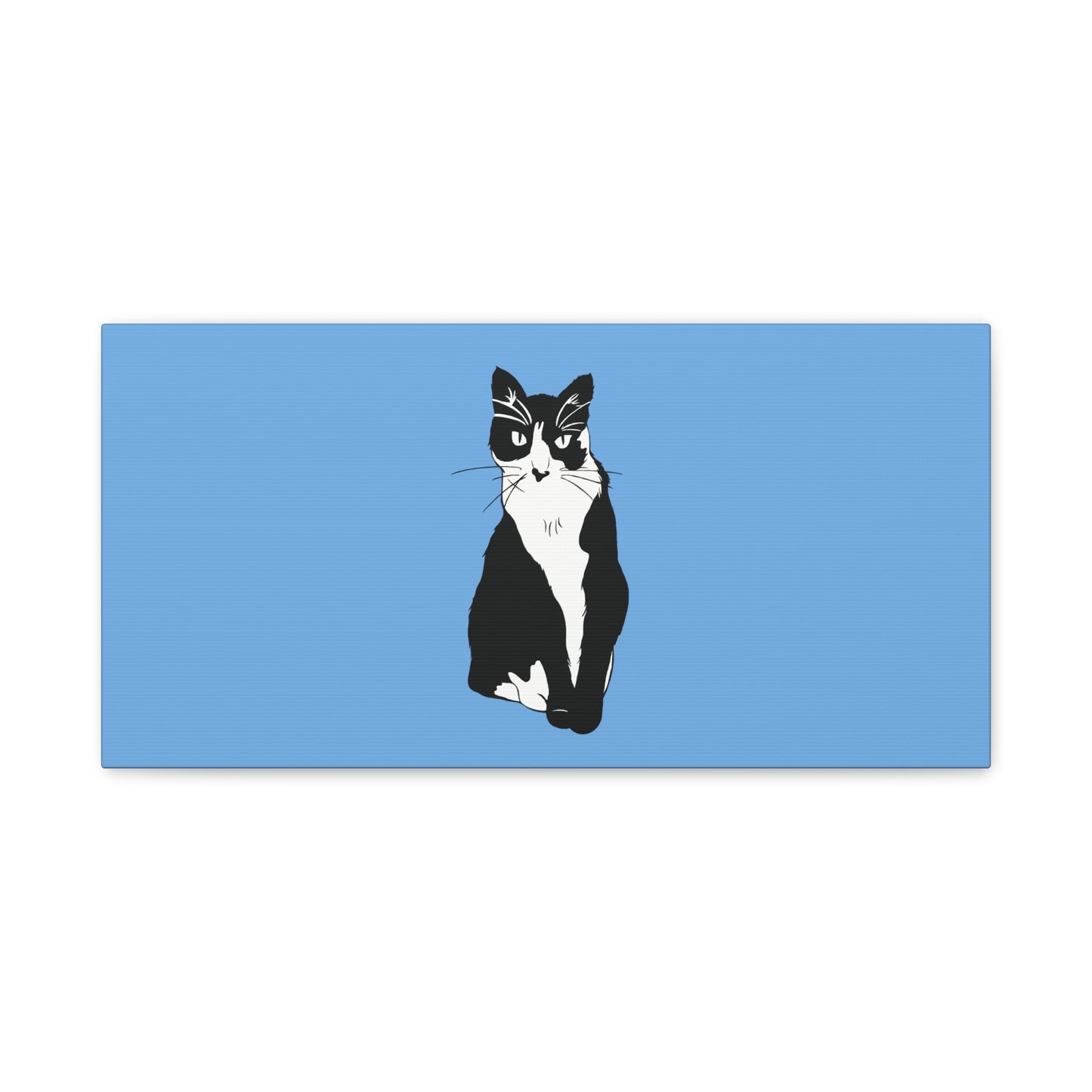 Cat Canvas on Light Blue (B&W Style Cat) - Cat Drawing Art
