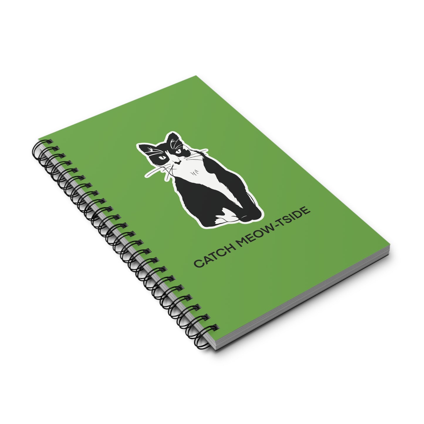 Catch Meow-tside Notebook in Green (Sticker Style Cat with Black Writing) - Cat Spiral Notebook