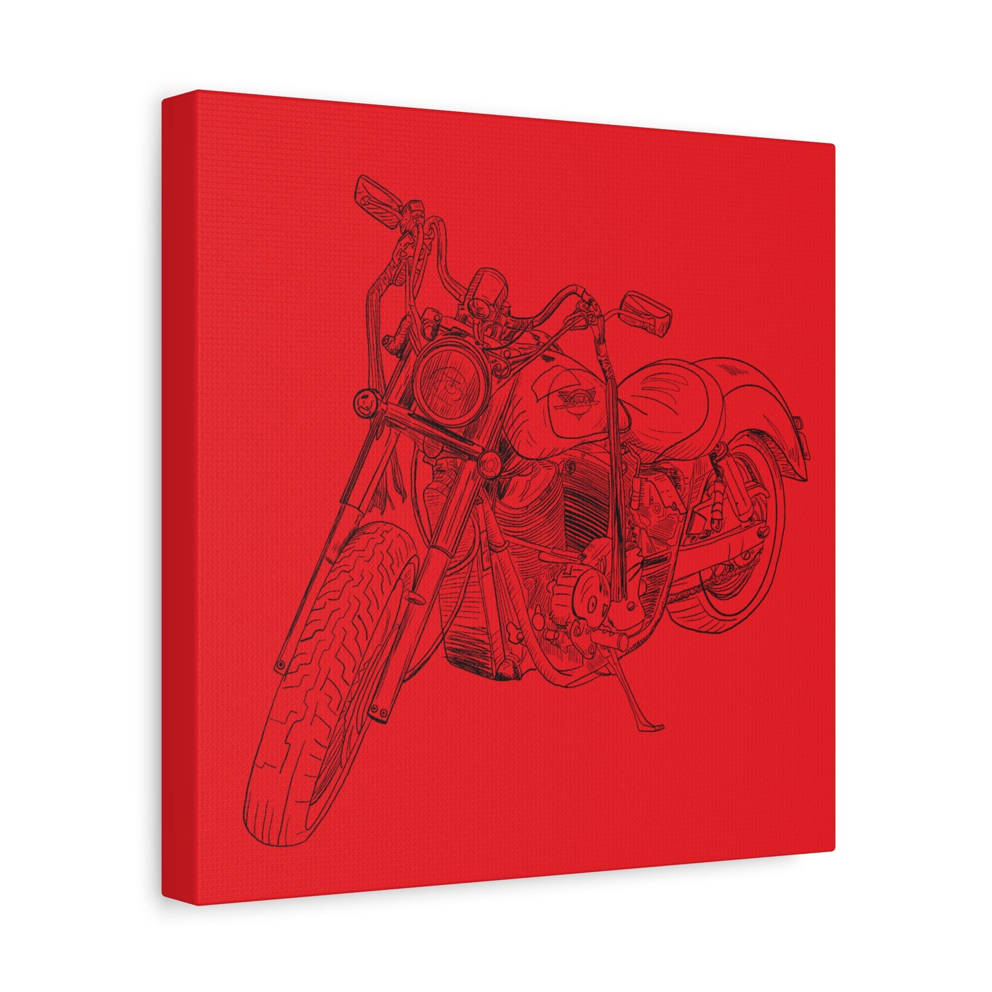 Harley Motorcycle Sketch Canvas Print - Black Ink on Red Background