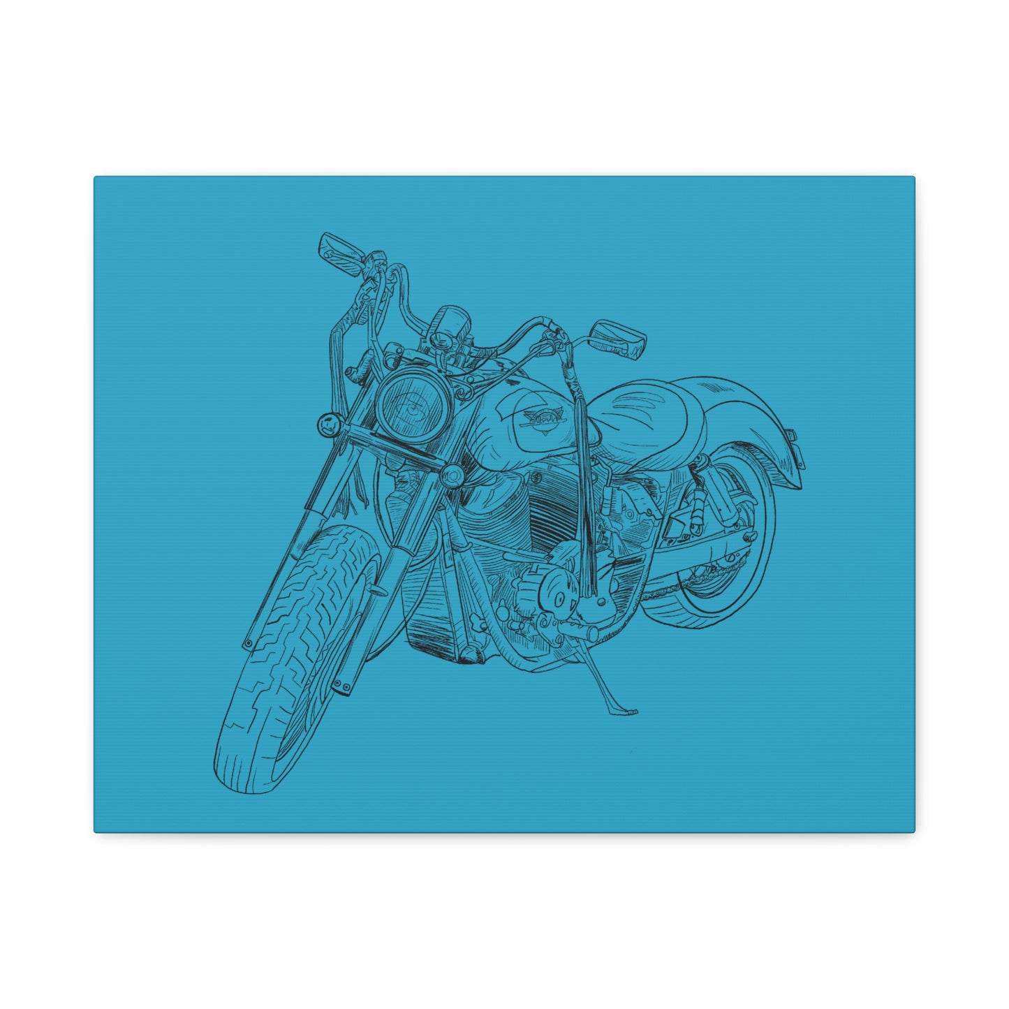 Ride Me Harley Motorcycle Sketch Canvas Print - Black Ink on Turquoise Background