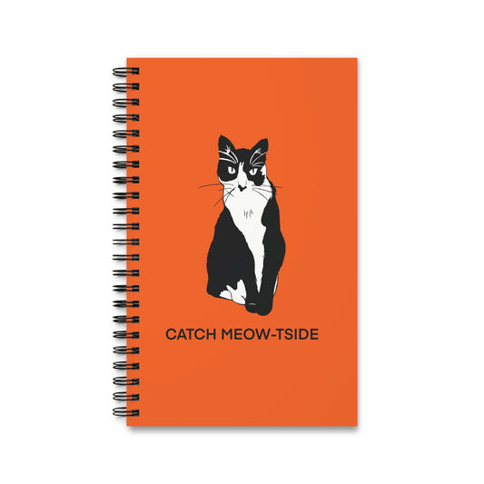 Catch Meow-tside Notebook in Orange (B&W Style Cat) - Cat Spiral Notebook