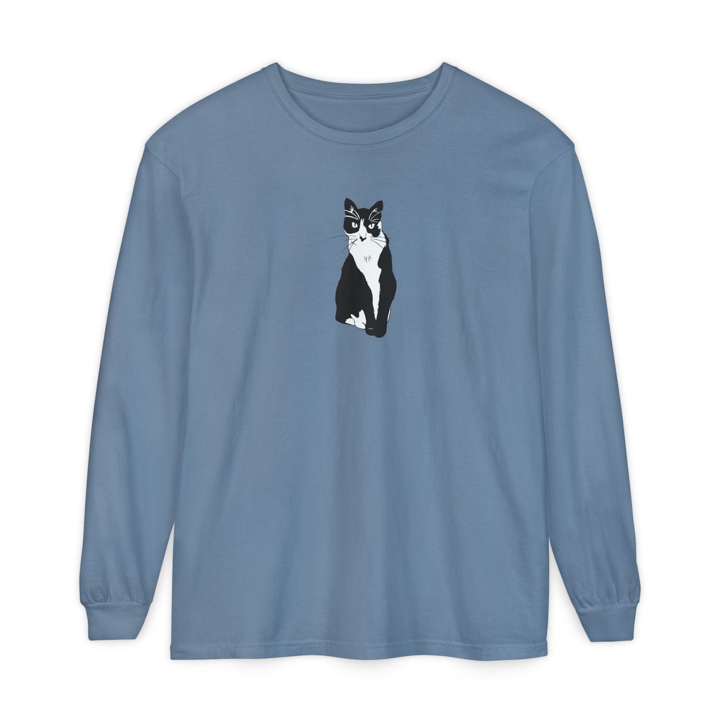 Cat Long Sleeve Tee (B&W Style Cat) - Cat Drawing Shirt
